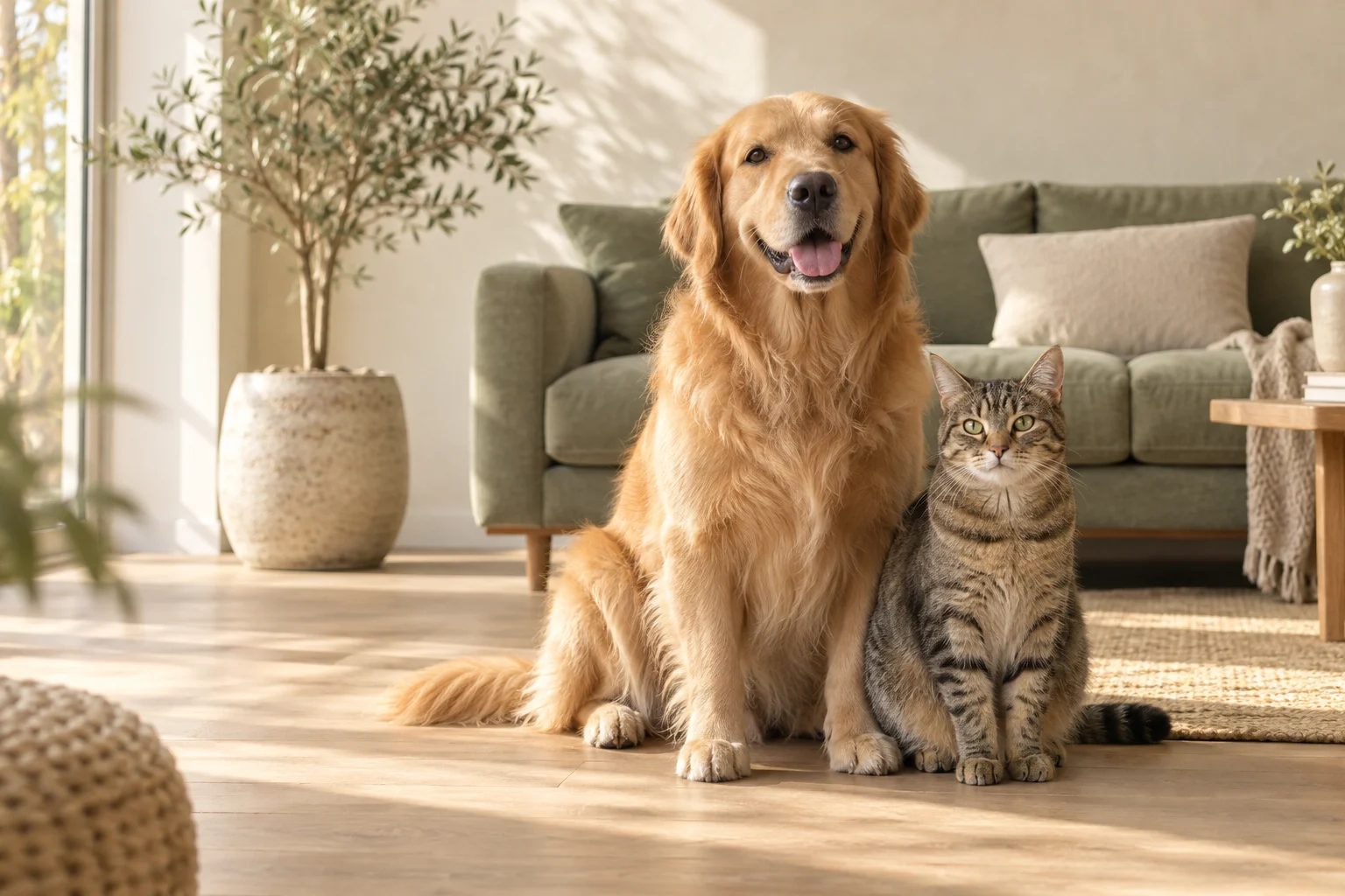 A golden retriever and tabby cat relaxing together in a sunlit home